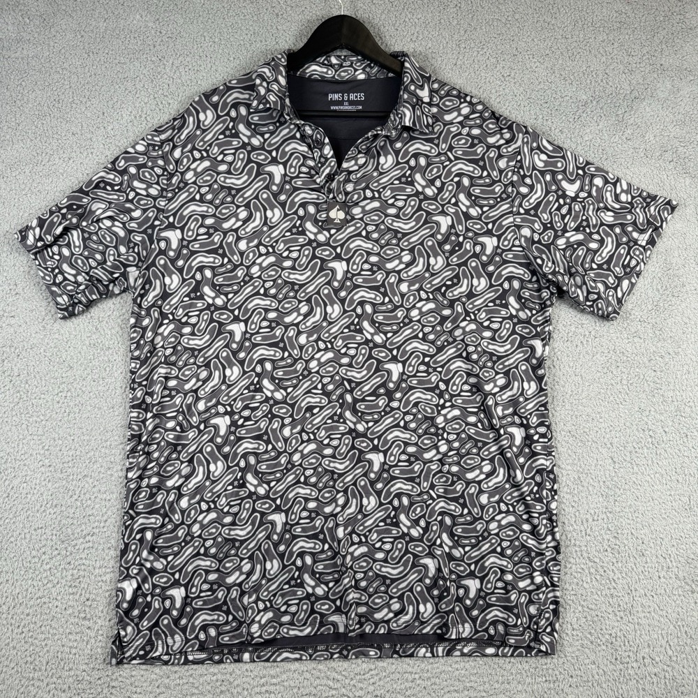 Pins And Aces Polo Mens‎ 2XL Gray Links Pattern Golf Performance Stretch Shirt